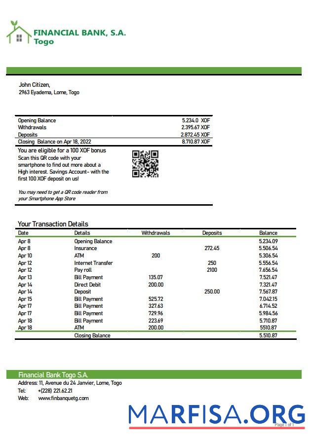 Realistic Togo Financial bank statement word real example